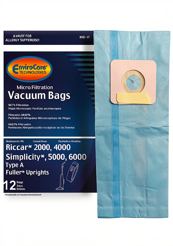 EnviroCare vacuum bags displayed next to a Carpet Pro upright vacuum