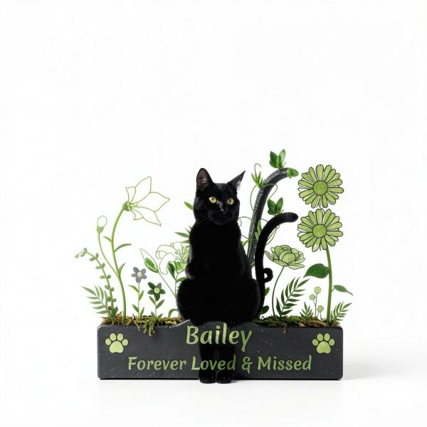 Custom Cat Name Memorial Grave Stake Marker, Personalized Floral Cat Memorial Grave Marker, Customized Flowers Butterfly Cat Memorial Stake Outdoor Metal Grave Plaque Cat Memorial Statue-2