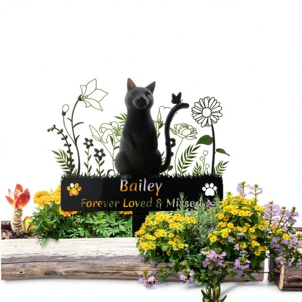 Custom Cat Name Memorial Grave Stake Marker, Personalized Floral Cat Memorial Grave Marker, Customized Flowers Butterfly Cat Memorial Stake Outdoor Metal Grave Plaque Cat Memorial Statue-3