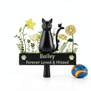 Custom Cat Name Memorial Grave Stake Marker, Personalized Floral Cat Memorial Grave Marker, Customized Flowers Butterfly Cat Memorial Stake Outdoor Metal Grave Plaque Cat Memorial Statue-0