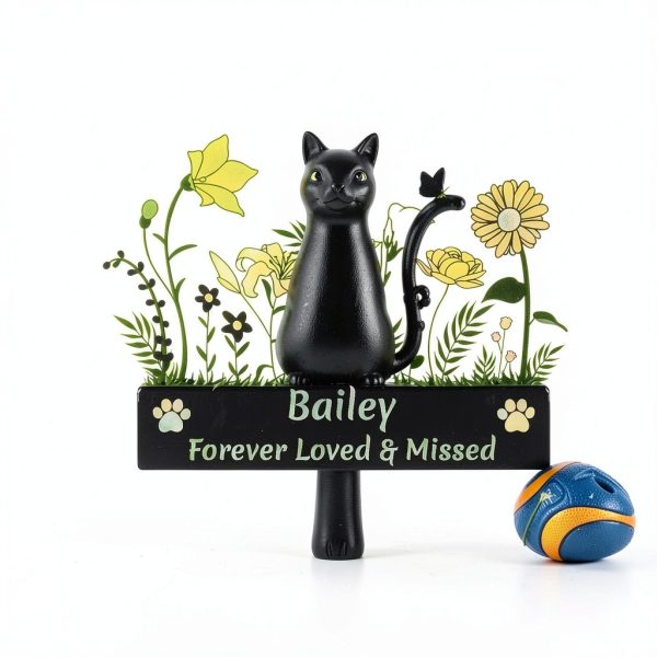 Custom Cat Name Memorial Grave Stake Marker, Personalized Floral Cat Memorial Grave Marker, Customized Flowers Butterfly Cat Memorial Stake Outdoor Metal Grave Plaque Cat Memorial Statue-0